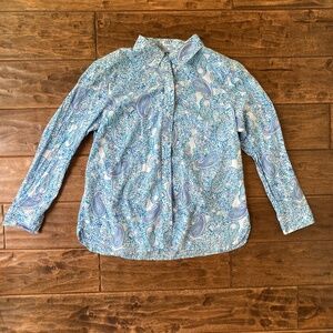 Talbots Blue Paisley Long Sleeve Button-Up Shirt Large Petite 100% Cotton